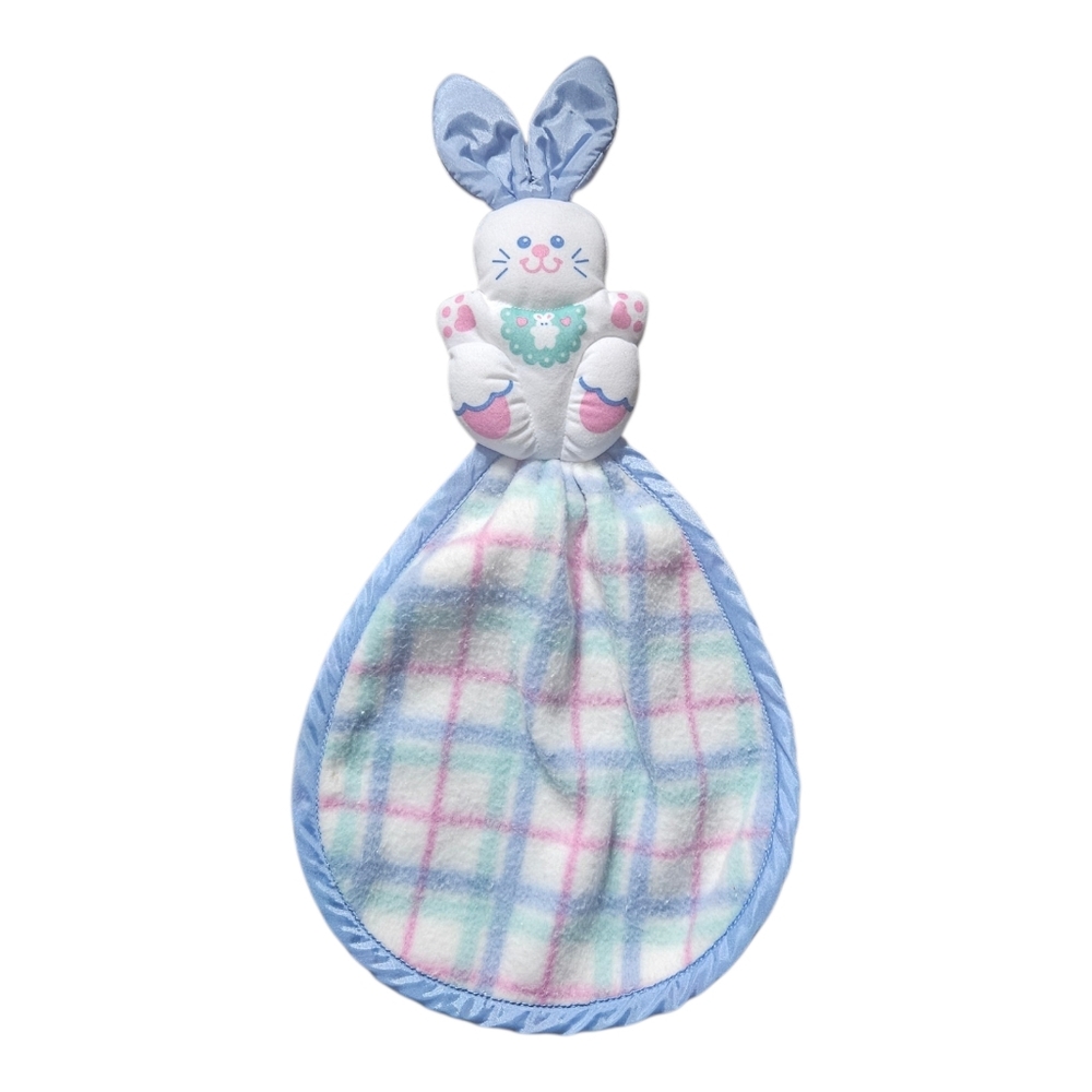 Vintage Fisher Price 1996 Blue & Pink Plaid Bunny Lovey Security Blanket Rare